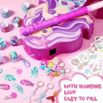 Hungdao 63 Pcs Mermaid Party Favors Mermaid Piñata Hairpin Slap Bracelets Ring Tattoo Sticker Keychain Under the Sea Birthday Party Supplies Classroom Prize Gift Goodie Bag Piñata Stuffers Fillers