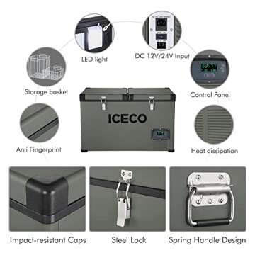 ICECO 68.6 Quart Double Zone Independent Control Portable Car Refrigerator with SECOP Compressor, AC 110V/ DC 12V Freezer for Car, Home, Camping, RV 0°F to 50°F & Freezer Insulated Transit Bag