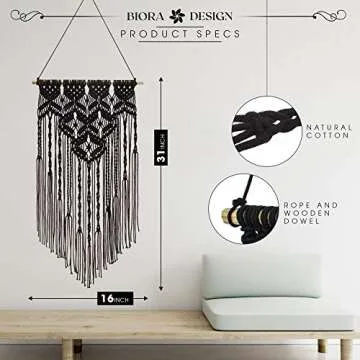 Biora Macrame Wall Hanging Boho Wall Decor Home Art Woven Decoration Black Tapestry For Living Room, Bedroom decor, Nursery, Party Decorations, Wedding and Office 16 W x 31 L