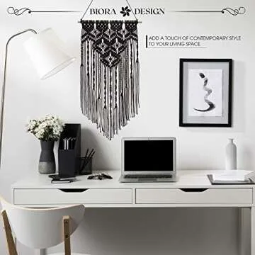 Biora Macrame Wall Hanging Boho Wall Decor Home Art Woven Decoration Black Tapestry For Living Room, Bedroom decor, Nursery, Party Decorations, Wedding and Office 16 W x 31 L