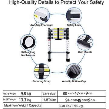 Yooikeey® 14.5FT Telescoping Ladder, Aluminum Telescopic Extension Ladder EN131 and CE Standard, Lightweight Collapsible Ladder Max Load 330lbs, Portable Folding Ladder for Home, Outdoor