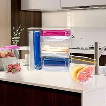 NPPLUS Bag Storage Organizer, Acrylic Baggie Organizer, Compatible With Gallon, Slide Quart, Sandwich And Snack Bags (Hexagonal Opening,Clear)