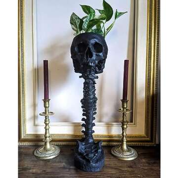TPILEASNE Skull Planter & Spine Stand, Skull with Backbone Flower Pot, Resin Human Skeleton Plant Planter, Halloween Statue Ornament, Skulls Pot for Succulents, Gothic Spooky Halloween Home Décor