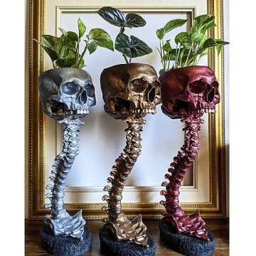 TPILEASNE Skull Planter & Spine Stand, Skull with Backbone Flower Pot, Resin Human Skeleton Plant Planter, Halloween Statue Ornament, Skulls Pot for Succulents, Gothic Spooky Halloween Home Décor