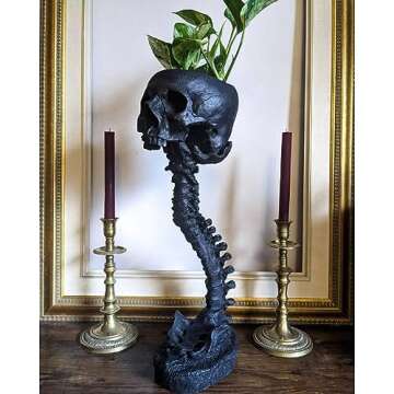 TPILEASNE Skull Planter & Spine Stand, Skull with Backbone Flower Pot, Resin Human Skeleton Plant Planter, Halloween Statue Ornament, Skulls Pot for Succulents, Gothic Spooky Halloween Home Décor