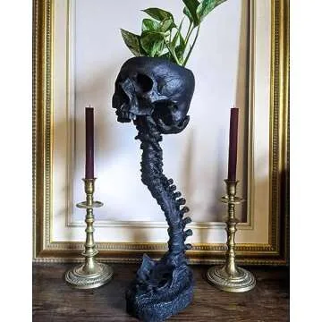 TPILEASNE Skull Planter & Spine Stand, Skull with Backbone Flower Pot, Resin Human Skeleton Plant Planter, Halloween Statue Ornament, Skulls Pot for Succulents, Gothic Spooky Halloween Home Décor