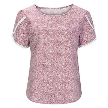 Women's Shirts Dressy Casual Short Sleeve Lace Trim Tee Tops Polka Dots Printed Crew Neck Pullover T Shirts Blouse