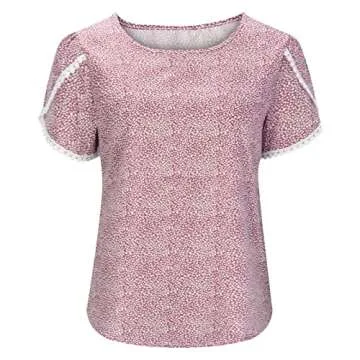Women's Shirts Dressy Casual Short Sleeve Lace Trim Tee Tops Polka Dots Printed Crew Neck Pullover T Shirts Blouse