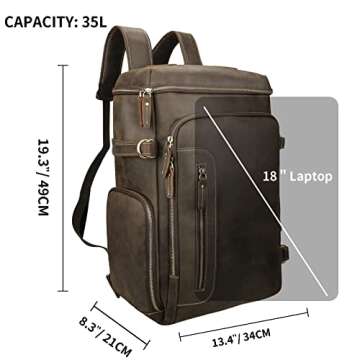 LANNSYNE Vintage Full Grain Genuine Leather Backpack 18" Laptop Bag with Shoe Compartment Casual Travel Daypack Brown