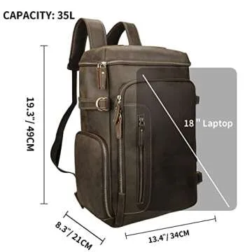 LANNSYNE Vintage Full Grain Genuine Leather Backpack 18" Laptop Bag with Shoe Compartment Casual Travel Daypack Brown