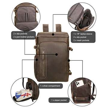 LANNSYNE Vintage Full Grain Genuine Leather Backpack 18" Laptop Bag with Shoe Compartment Casual Travel Daypack Brown