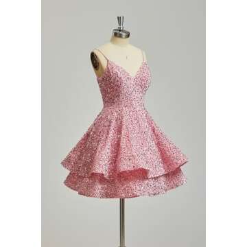 SUOLUOS Women's Tiered Sequin Homecoming Dresses 2024 Sparkly Short Spaghetti Straps V Neck Cocktail Party Gowns Purple US20W