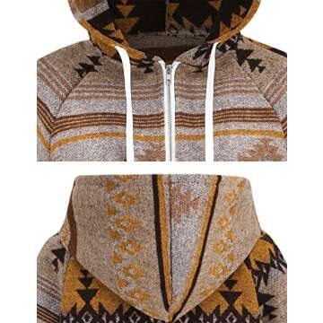 COWOKA Women's Aztec Print Pattern Western Ethnic Half Zip Long Sleeve Pullover Hoodie Sweatshirt Khaki XL