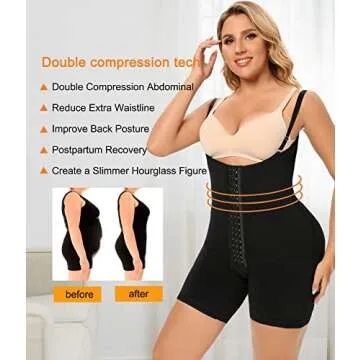 SHAPERX Shapewear Tummy Control Fajas Colombianas Open Bust Body Shaper for Women Butt Lifter Thigh Slimmer Shorts Front Hooks,SZ7205-Black-Old-S