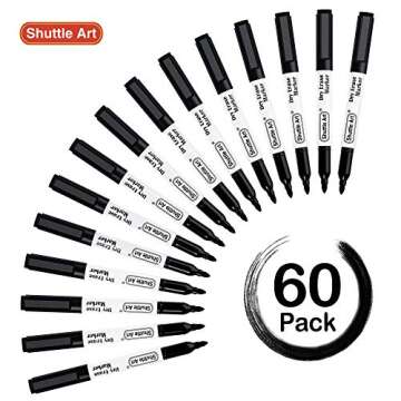 Shuttle Art Black Dry Erase Markers, 60 Pack Magnetic Whiteboard Markers with Erase,Fine Point Dry E...