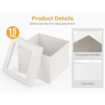 Kootek 15pcs Cake Boxes, 12x12x8 Inches Tall Cake Box with Window, White Bakery Boxes, Large Baking Boxes, Square Cardboard Cake Box for Multi-Layer Cakes, Cake Decorating Supplies for Gift Giving