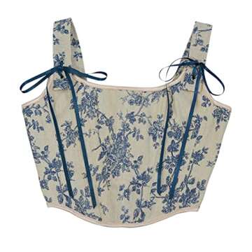 Women Court Vintage Floral Print Vest Sexy Corset Y2K Lace-Up Fishbone Push Up Strap Bustier Lace Corset Top Tank Top