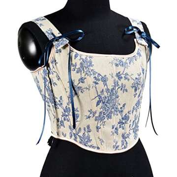 Women Court Vintage Floral Print Vest Sexy Corset Y2K Lace-Up Fishbone Push Up Strap Bustier Lace Corset Top Tank Top