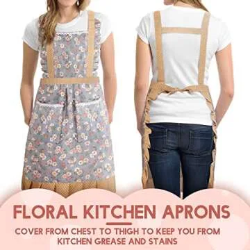 Xtinmee 3 Pcs Aprons for Women with Pockets Adjustable Long Ties Lovely Aprons Gardening Work for Kitchen Cooking Home Baking (Light Color,Daisy Floral)
