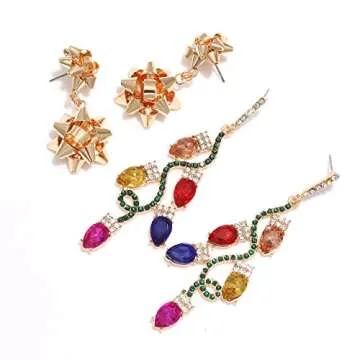 HZEYN Christmas Earrings Sparkly Rhinestone Christmas Tree Crystal Bulb Snowflake Bow Drop Earrings Statement Xmas Holiday Festive Earrings 4 Pack