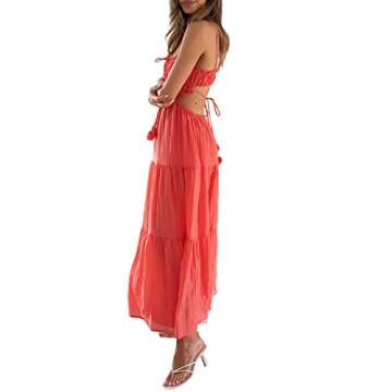 Summer Going Out Floral Swing Boho Maxi Dress Women Casual Long Sleeve Wrap A-line Ruffle Long Beach Dress(Backless Watermelon Red,Large)