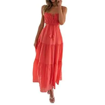 Summer Going Out Floral Swing Boho Maxi Dress Women Casual Long Sleeve Wrap A-line Ruffle Long Beach Dress(Backless Watermelon Red,Large)