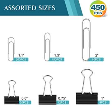 Paper Clips Binder Clips Set,450 PCS Sliver Paperclips and Black Binder Clips,Assorted Sizes Jumbo, ...