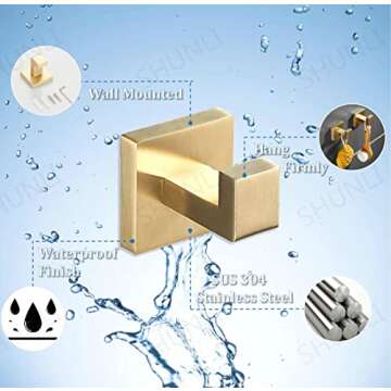 SHUNLI Brushed Gold Towel Hooks for Bathroom, 4 PCS Wall Hook Coat Robe Hook Towel Holder, Heavy Dut...
