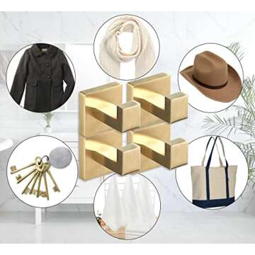 SHUNLI Brushed Gold Towel Hooks for Bathroom, 4 PCS Wall Hook Coat Robe Hook Towel Holder, Heavy Duty Bath Hook Modern Square, SUS304 Stainless Steel