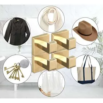 SHUNLI Brushed Gold Towel Hooks for Bathroom, 4 PCS Wall Hook Coat Robe Hook Towel Holder, Heavy Duty Bath Hook Modern Square, SUS304 Stainless Steel