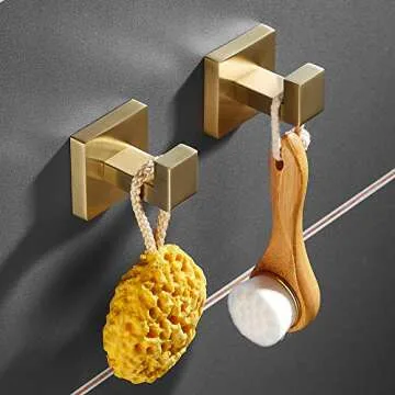 SHUNLI Brushed Gold Towel Hooks for Bathroom, 4 PCS Wall Hook Coat Robe Hook Towel Holder, Heavy Duty Bath Hook Modern Square, SUS304 Stainless Steel