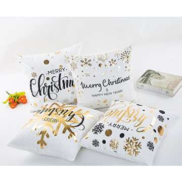 ONWAY Xmas Decoration Gold Snowflakes Merry Christmas Soft Velvet Throw Pillow Covers 18 x 18 (Set of 4, Gold Foil Xmas White)