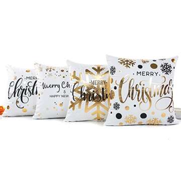 ONWAY Xmas Decoration Gold Snowflakes Merry Christmas Soft Velvet Throw Pillow Covers 18 x 18 (Set of 4, Gold Foil Xmas White)