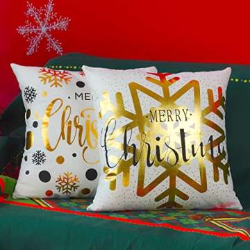 ONWAY Xmas Decoration Gold Snowflakes Merry Christmas Soft Velvet Throw Pillow Covers 18 x 18 (Set of 4, Gold Foil Xmas White)
