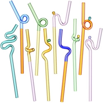 Gerrii 10 Pcs Wavy Glass Straws - Twisty Reusable Colorful Glass Straws