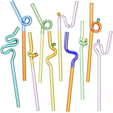 Gerrii 10 Pcs Wavy Glass Straws - Twisty Reusable Colorful Glass Straws