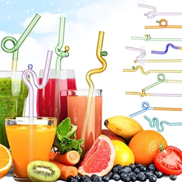 Gerrii 10 Pcs Colorful Wavy Glass Straws for Drinks