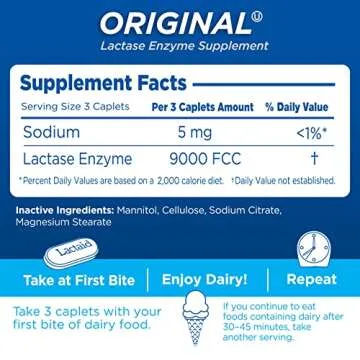 Lactaid Original Strength Lactose Intolerance Relief Caplets with Natural Lactase Enzyme, Dietary Supplement to Help Prevent Gas, Bloating & Diarrhea Due to Lactose Sensitivity, 120 ct