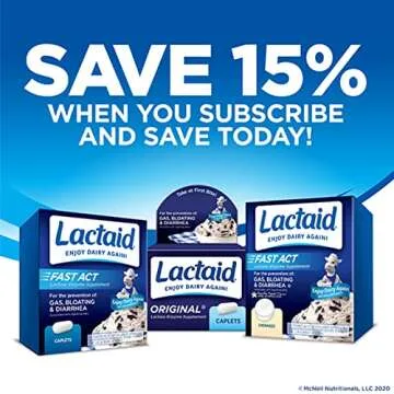 Lactaid Original Strength Lactose Intolerance Relief Caplets with Natural Lactase Enzyme, Dietary Supplement to Help Prevent Gas, Bloating & Diarrhea Due to Lactose Sensitivity, 120 ct