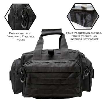 Exos Tactical Range Bag - Medium Size Range Bag for Shooting - Gun Case for Handguns, Ammo Storage, Tactical Backpack, Molle Webbing, Free Subdued USA Patch, Designed in the USA (Black)