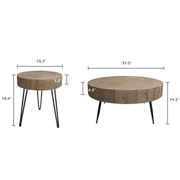 LONYKE 2-Piece Boho Farmhouse Nesting Table with Handcrafted Wood Ring Motif, Round Natural Finish C...