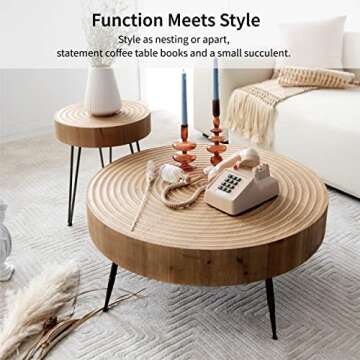 LONYKE 2-Piece Boho Farmhouse Nesting Table with Handcrafted Wood Ring Motif, Round Natural Finish Coffee Table Set for Living Room, French Country Decor, Round