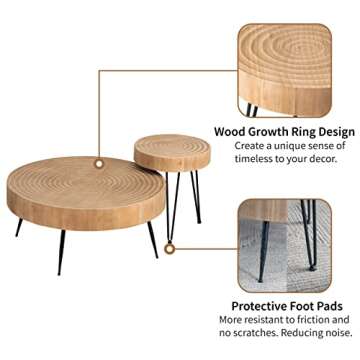 LONYKE 2-Piece Boho Farmhouse Nesting Table with Handcrafted Wood Ring Motif, Round Natural Finish Coffee Table Set for Living Room, French Country Decor, Round