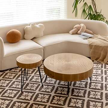 LONYKE 2-Piece Boho Farmhouse Nesting Table with Handcrafted Wood Ring Motif, Round Natural Finish Coffee Table Set for Living Room, French Country Decor, Round
