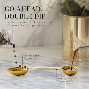 White and Gold Measuring Spoons with Leveler - Featuring 8PC Upgraded Style, Dual-Sided, Stackable, Stainless Magnetic Measuring Spoons Set - Fits in Spice Jars, White and Gold Kitchen Accessories