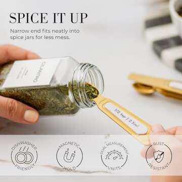 White and Gold Measuring Spoons with Leveler - Featuring 8PC Upgraded Style, Dual-Sided, Stackable, Stainless Magnetic Measuring Spoons Set - Fits in Spice Jars, White and Gold Kitchen Accessories