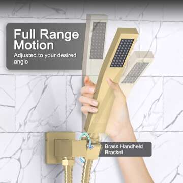 KOJOX Shower System Bathroom Luxury 12 Inch Rain Shower Head with Handheld Mixer Shower Combo Set Wall Mounted Shower Faucet Trim with Valve Brush Gold