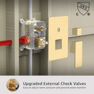 KOJOX Shower System Bathroom Luxury 12 Inch Rain Shower Head with Handheld Mixer Shower Combo Set Wall Mounted Shower Faucet Trim with Valve Brush Gold