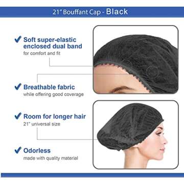 Smilco Black Disposable Bouffant Caps pack of 200, 21inches Hair Net, Elastic Dust Cap for Food Service, Kitchen Hair Head Cover, Health, Tattoo (SM200-BK)