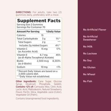 Nature's Bounty Hair, Skin & Nails with Biotin, Strawberry Gummies Vitamin Supplement, Supports Hair, Skin, and Nail Health for Women, 2500 mcg, 140 Ct